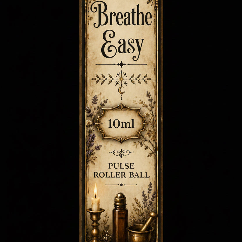 A vertical decorative product label or packaging panel for a 'Breathe Easy' 10ml Pulse Roller Ball, featuring an antique parchment-style design with illustrations of candles, a mortar and pestle, and an open book.
